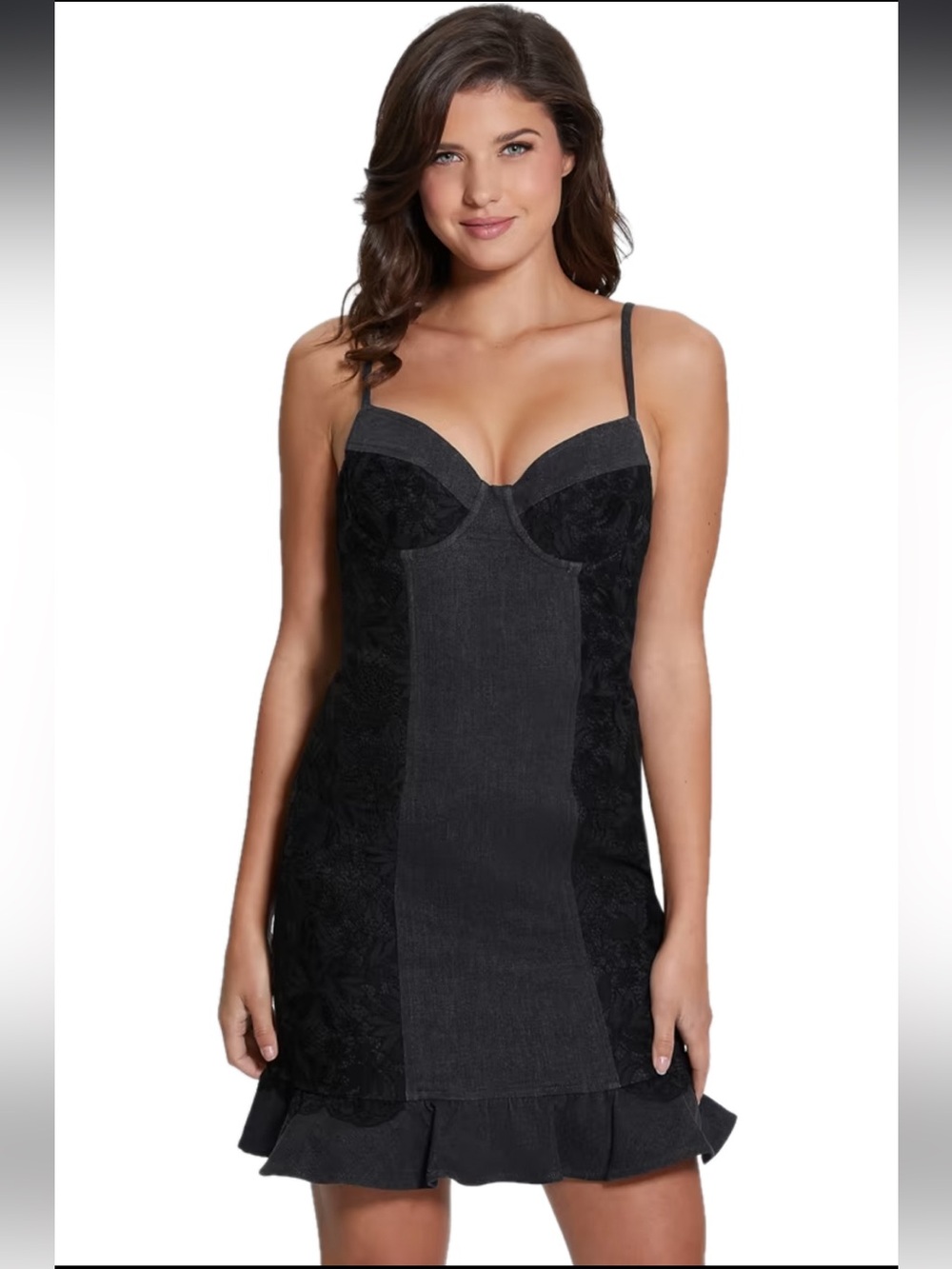 NWT Guess Med Womens Black Denim Authentic Lace Lelly Bodycon Mini Dress Rt $168
